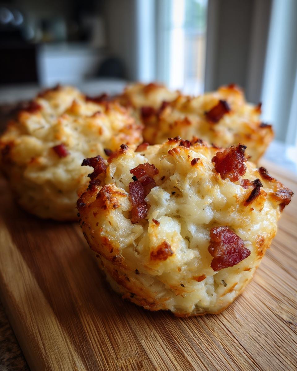 Close-up of Irresistible Mashed Potato Cups Recipe, topped with crispy bacon bits on a wooden board.