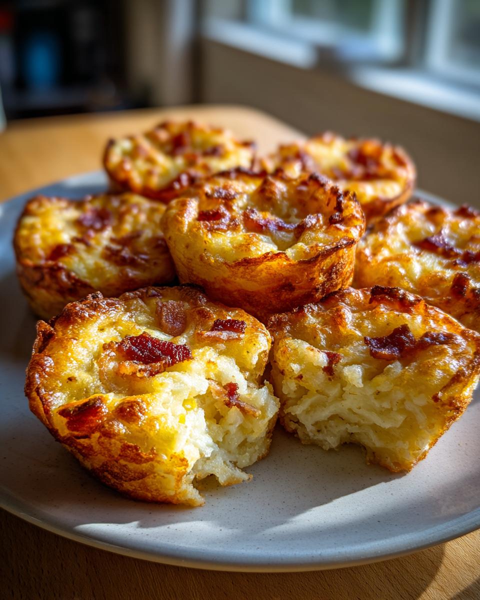 Close-up of Irresistible Mashed Potato Cups, golden brown and topped with crispy bacon bits.
