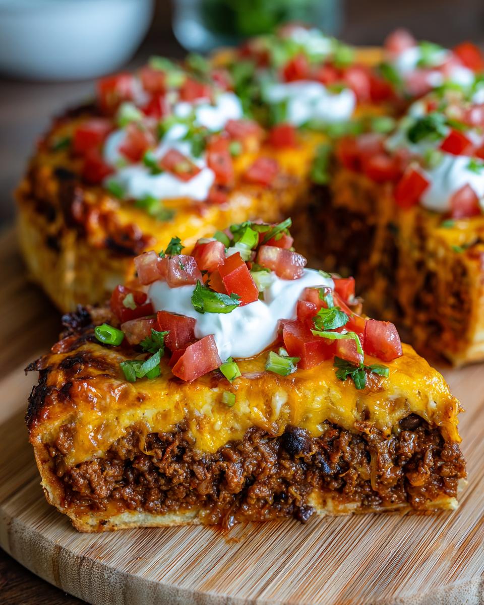 A slice of Irresistible Mexican Pizza, featuring seasoned ground beef, melted cheese, and topped with sour cream, diced tomatoes, and green onions.