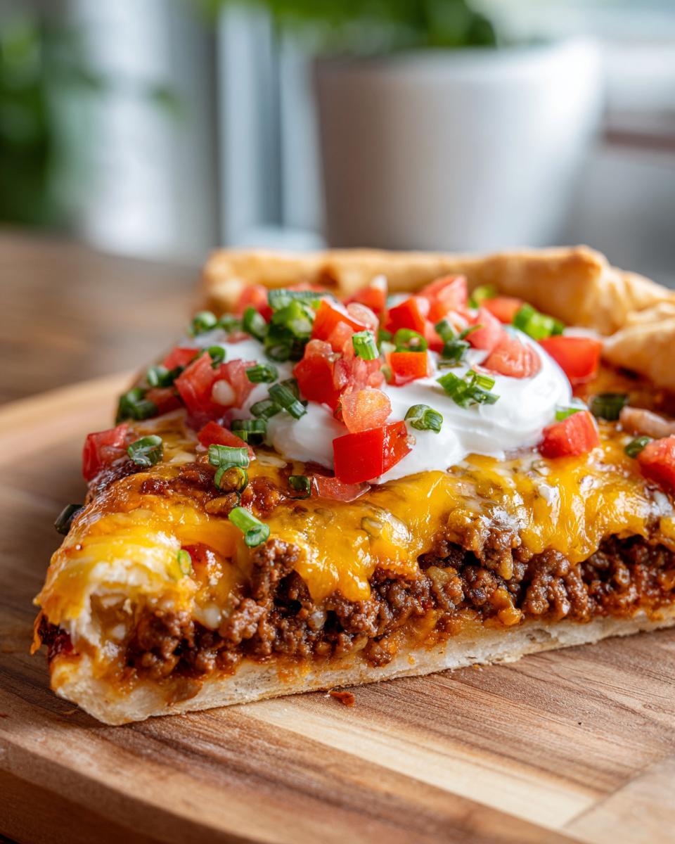 A close-up of a slice of Irresistible Mexican Pizza, featuring seasoned ground beef, melted cheese, sour cream, tomatoes, and green onions.