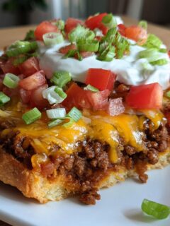 A slice of Irresistible Mexican Pizza Recipe with seasoned ground beef, melted cheese, tomatoes, sour cream, and green onions.