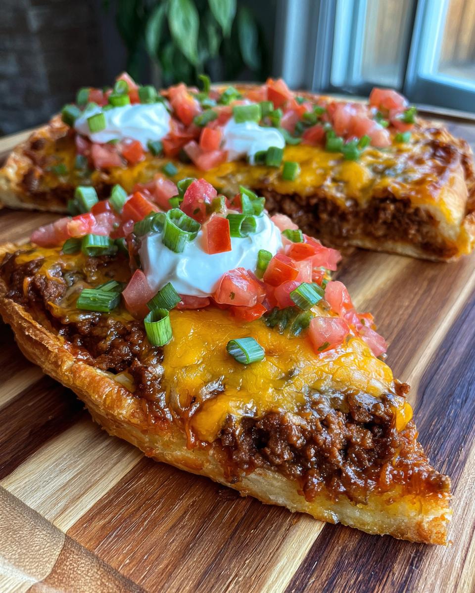 A slice of Irresistible Mexican Pizza topped with ground beef, melted cheese, sour cream, tomatoes, and green onions.