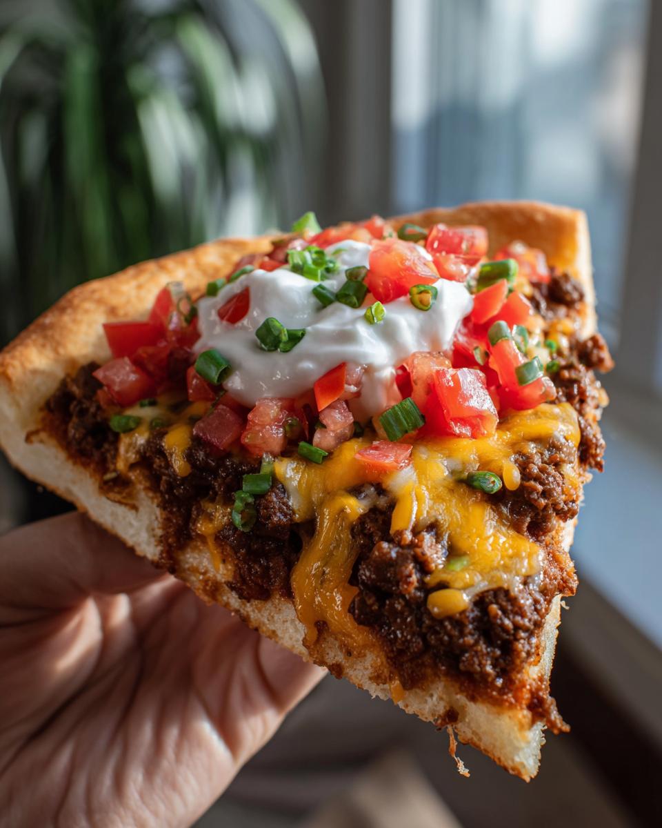 A hand holds a slice of Irresistible Mexican Pizza, topped with seasoned ground beef, melted cheese, diced tomatoes, sour cream, and chives.