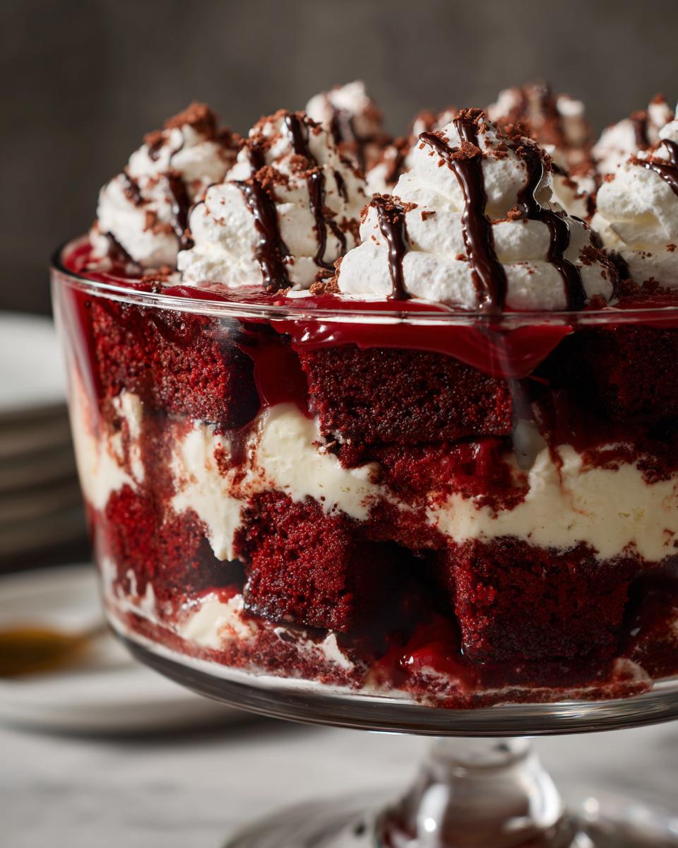 Close-up of an Irresistible Red Velvet Cheesecake Trifle layered with red velvet cake, cheesecake filling, and whipped cream.