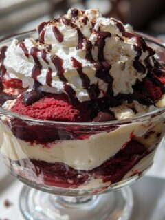 A close-up of an Irresistible Red Velvet Cheesecake Trifle in a glass bowl, layered with red velvet cake, cream cheese filling, and whipped cream.