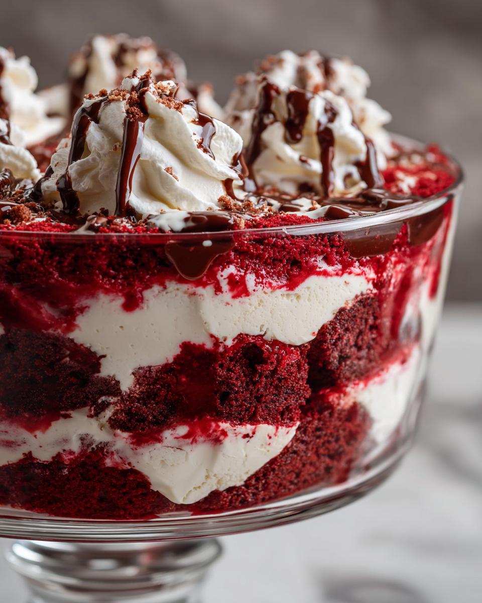 Close-up of an Irresistible Red Velvet Cheesecake Trifle, showing layers of red velvet cake and cream cheese filling.