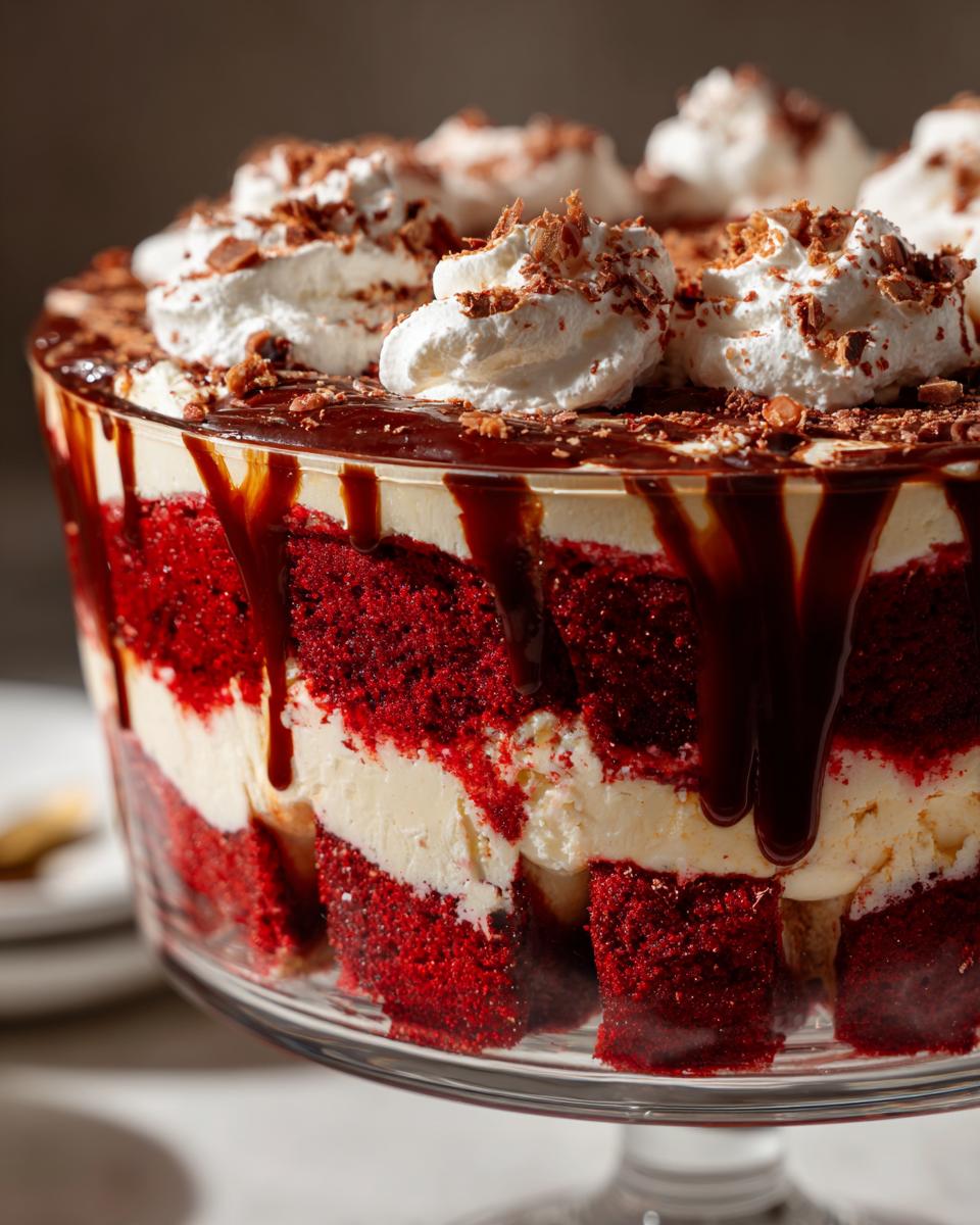 Layers of red velvet cake, cream cheese filling, and chocolate drizzle in an Irresistible Red Velvet Cheesecake Trifle.