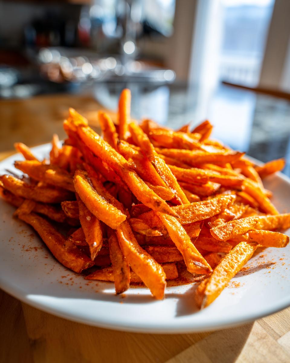 A close-up of a pile of Irresistible Sweet Potato Fries, seasoned and perfectly crispy.