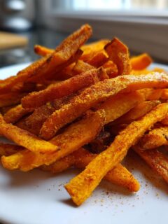 A close-up shot of a pile of Irresistible Sweet Potato Fries, seasoned and ready to eat.
