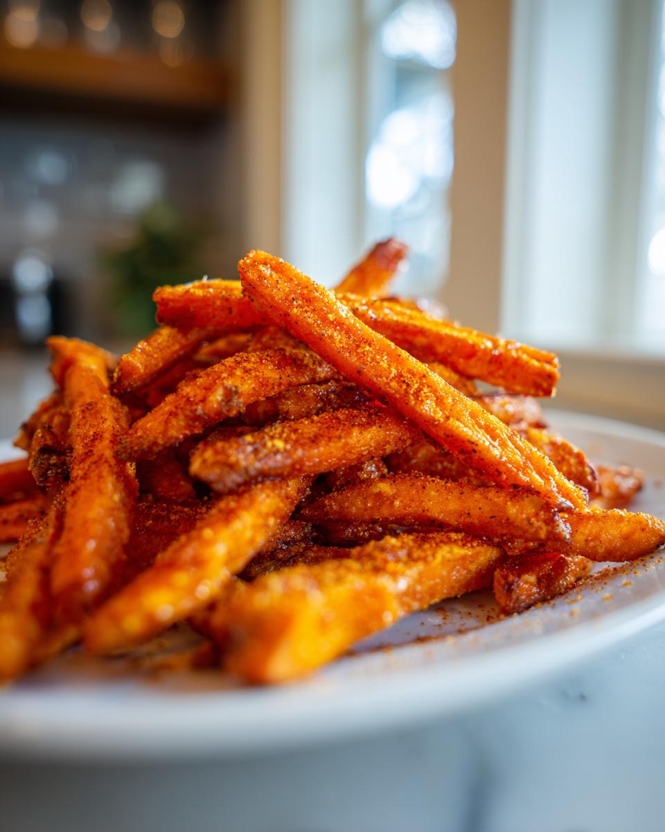 A pile of Irresistible Sweet Potato Fries A Crispy Delight seasoned with spices on a white plate.