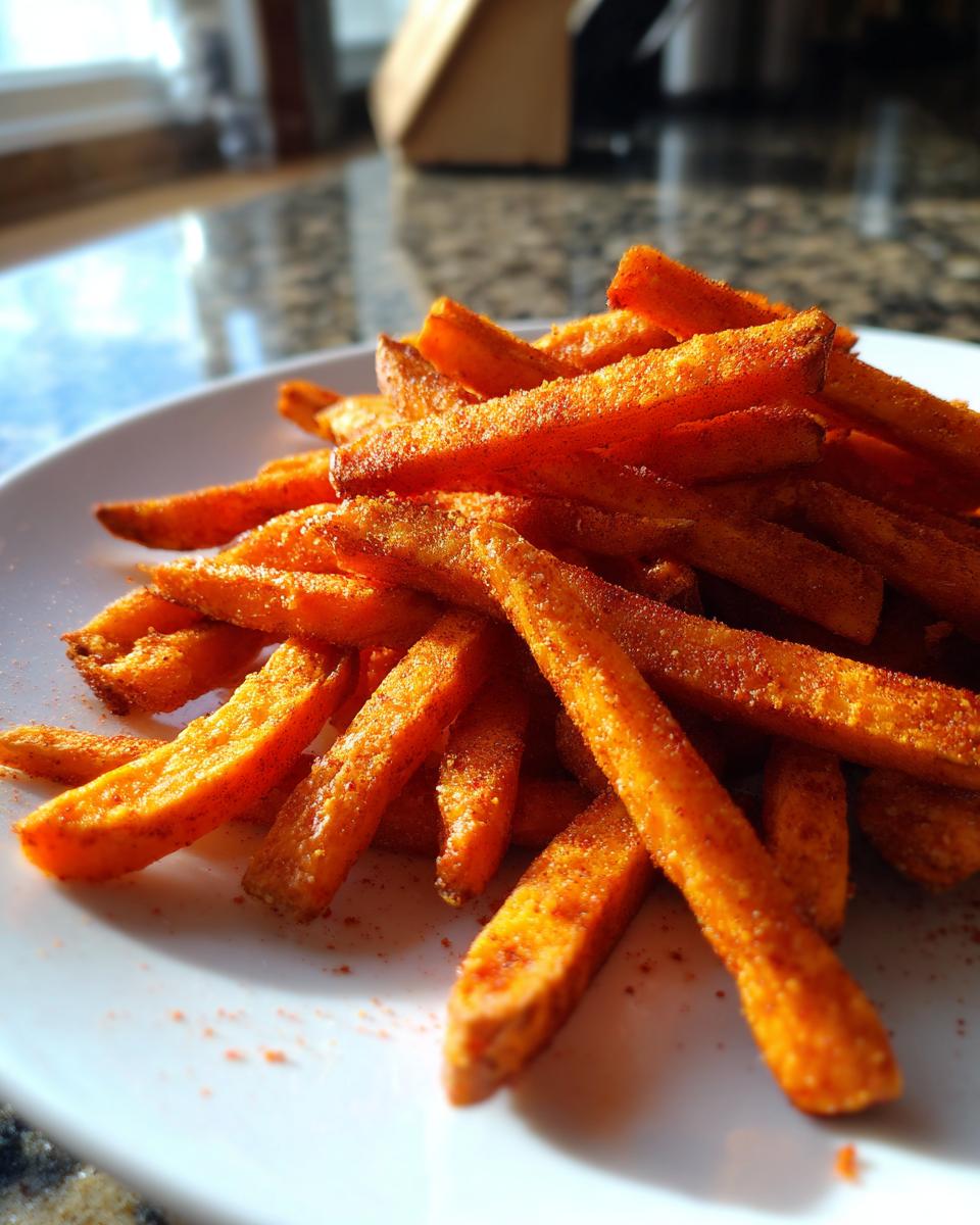 A close-up of a pile of Irresistible Sweet Potato Fries, seasoned and golden brown, on a white plate.