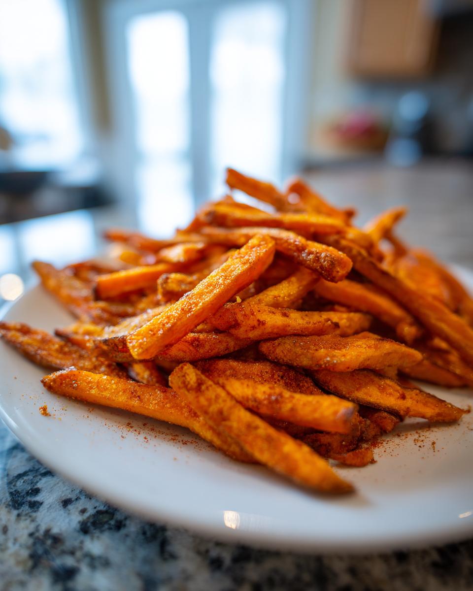 A close-up pile of Irresistible Sweet Potato Fries, seasoned and golden brown, on a white plate.