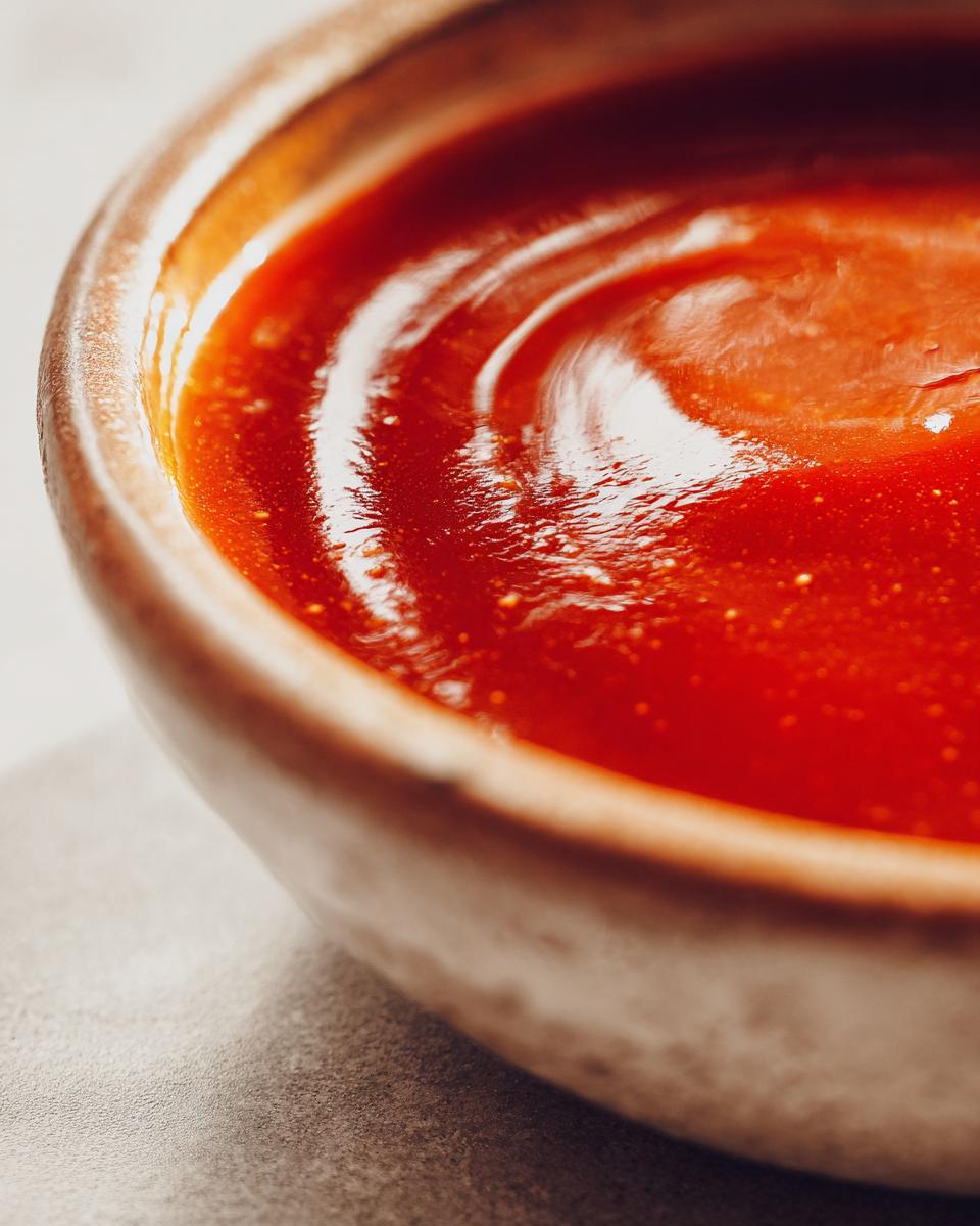 Close-up of a rustic bowl filled with vibrant, glossy Irresistible Sweet and Sour Sauce.