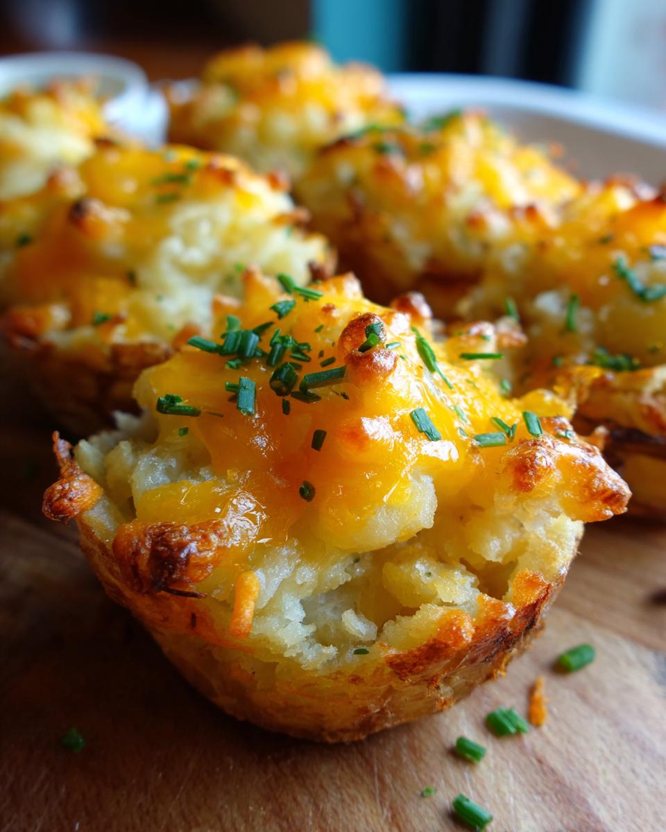 Close-up of Irresistible Twice Baked Potato Bites topped with melted cheddar cheese and chives.