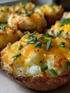 Close-up of Irresistible Twice Baked Potato Bites topped with melted cheddar cheese and fresh chives.