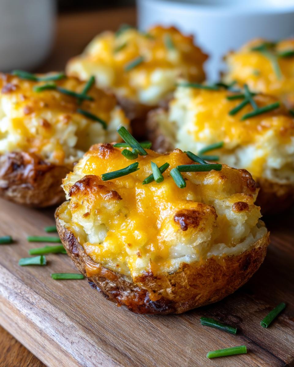 Close-up of Irresistible Twice Baked Potato Bites topped with melted cheddar cheese and chives.