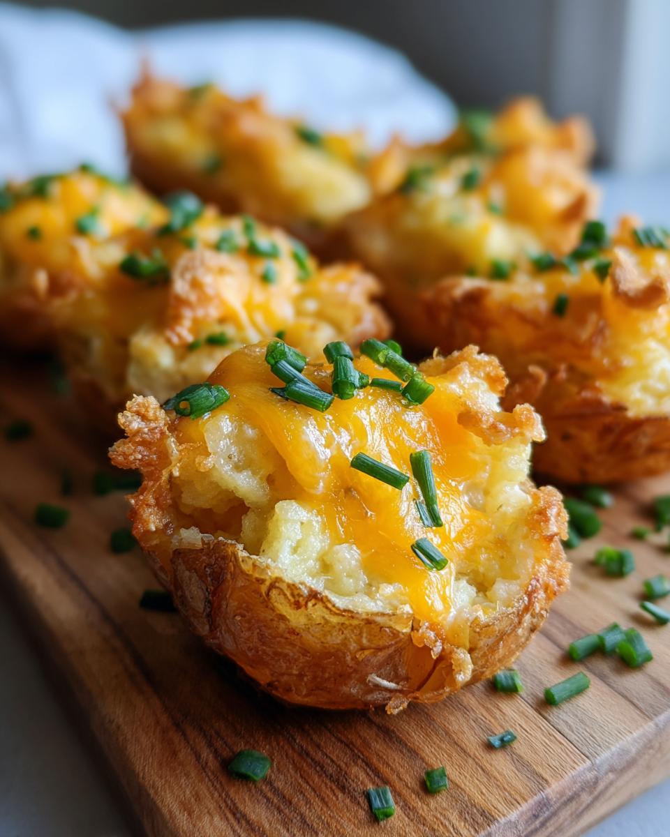 Close-up of Irresistible Twice Baked Potato Bites topped with melted cheddar cheese and fresh chives.