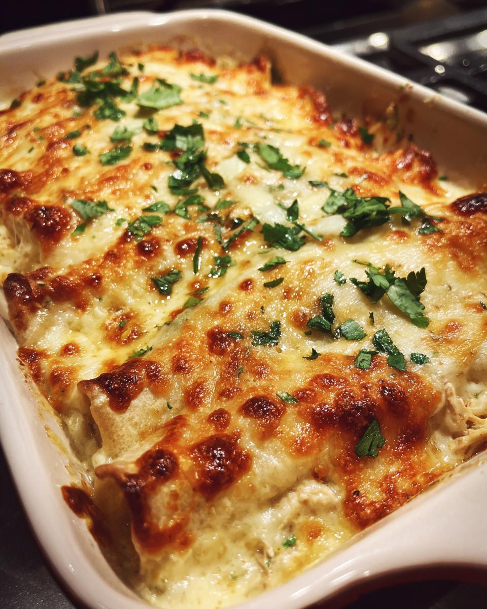 Close-up of baked Irresistible White Chicken Enchiladas, bubbling with melted cheese and garnished with fresh cilantro.