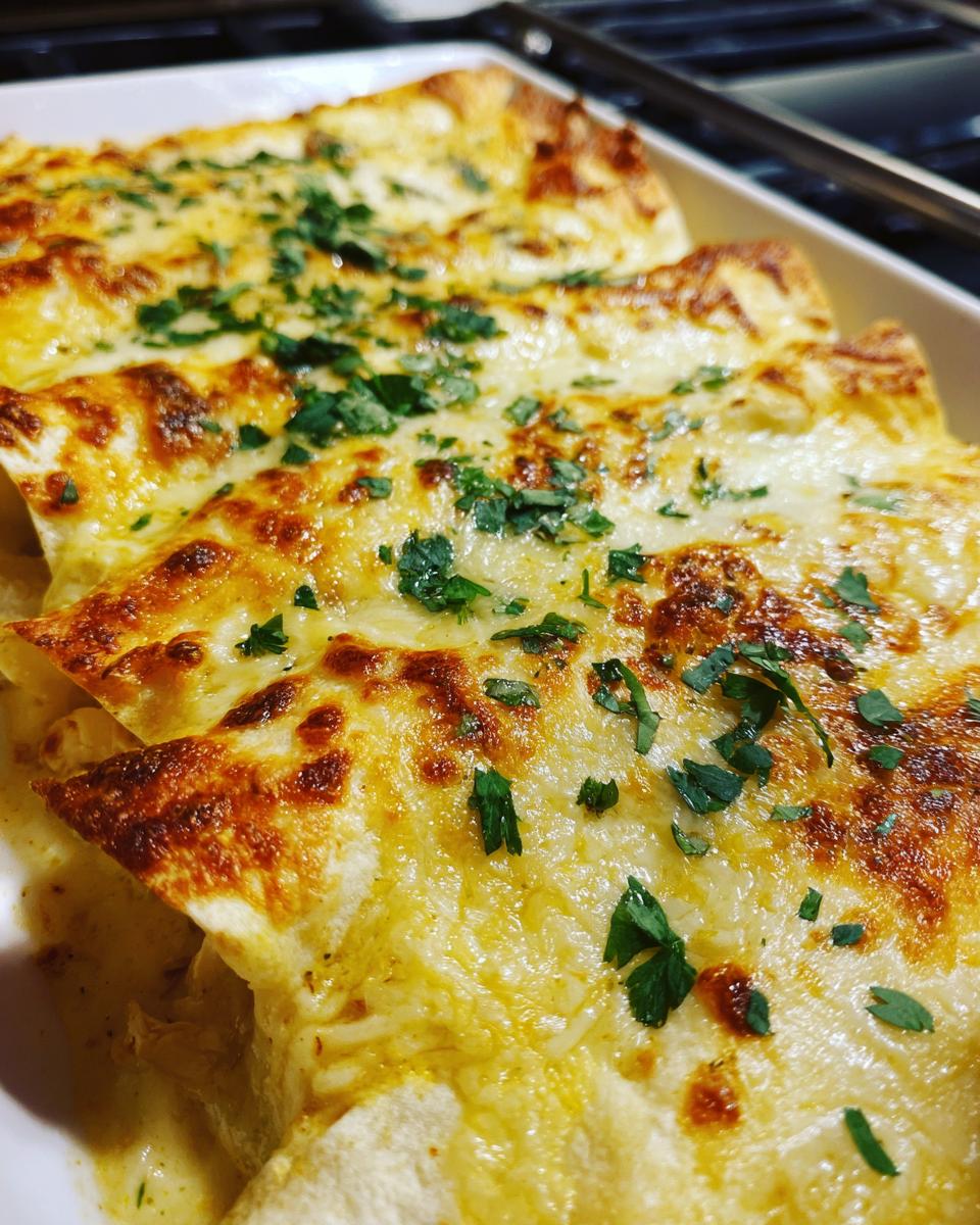 Close-up of baked Irresistible White Chicken Enchiladas topped with melted cheese and fresh parsley.