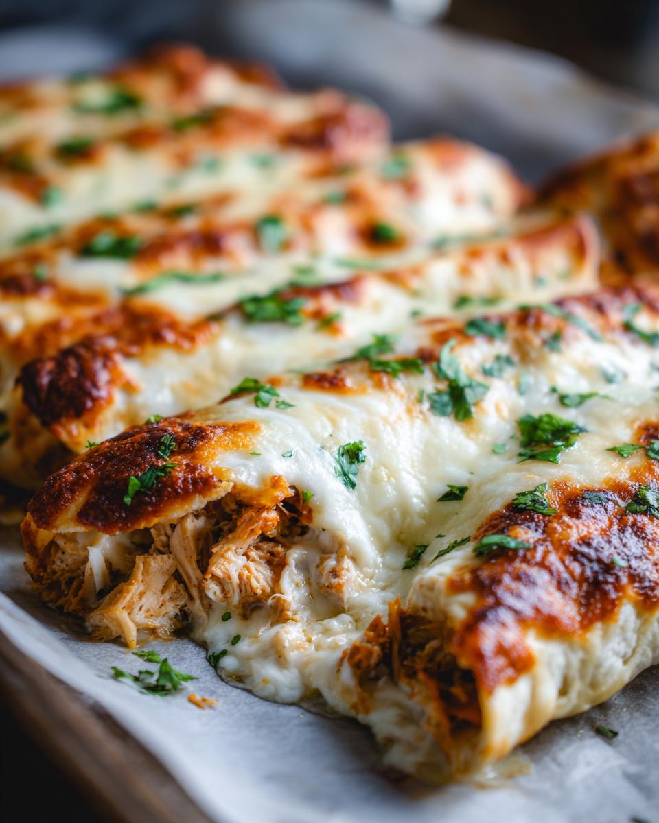 Close-up of Irresistible White Chicken Enchiladas, baked with melted cheese and sprinkled with parsley.
