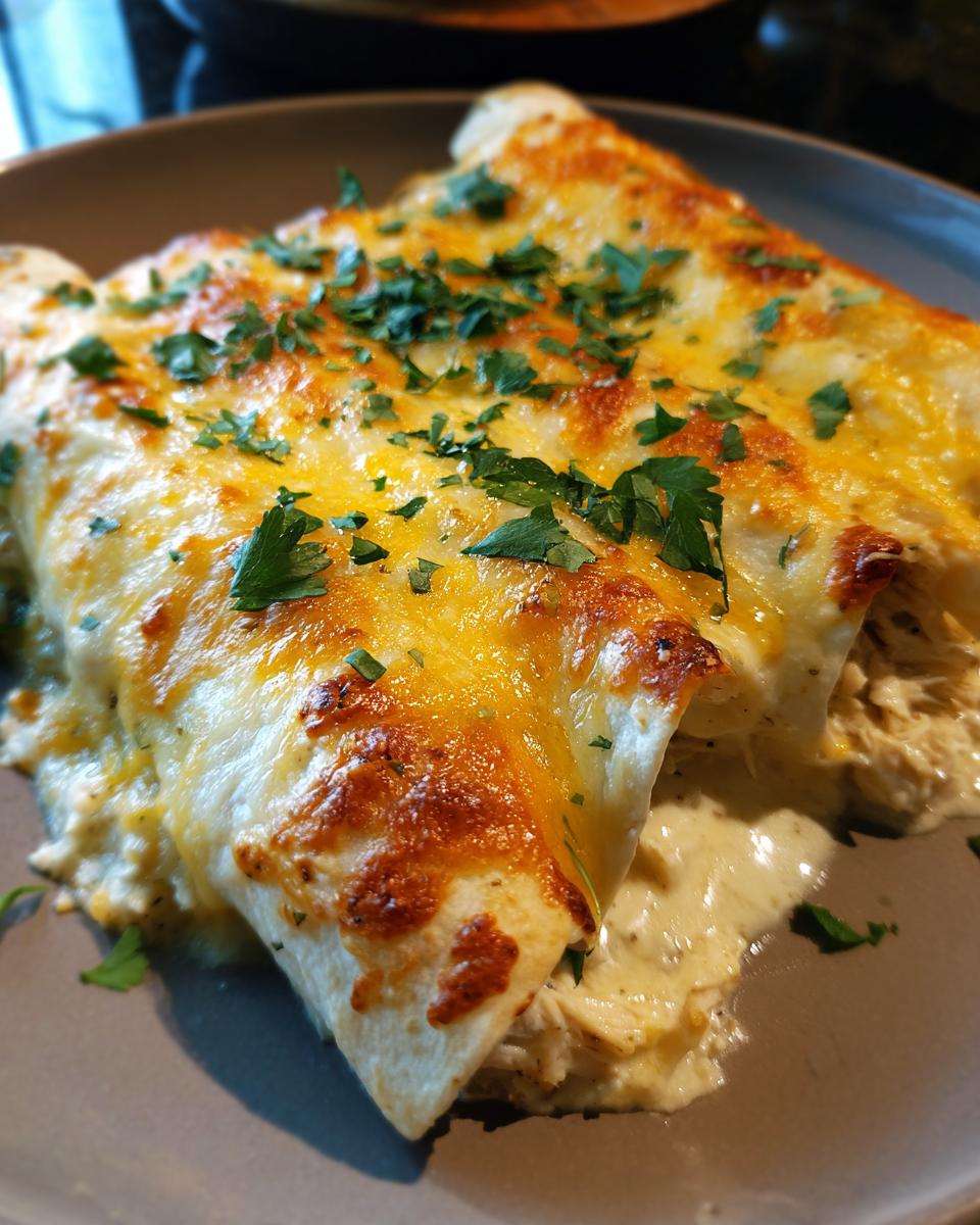 Close-up of Irresistible White Chicken Enchiladas topped with melted cheese and fresh parsley.