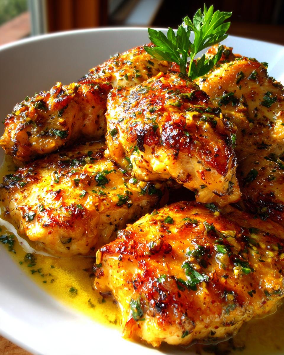 A close-up of pan-seared Lemon Chicken with Lemon Butter Sauce, garnished with parsley.