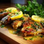 Close-up of pan-seared Lemon Chicken With Lemon Butter Sauce, garnished with lemon slices and parsley.