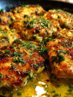 Close-up of golden-brown Lemon Chicken With Lemon Butter Sauce, garnished with fresh parsley, in a skillet.