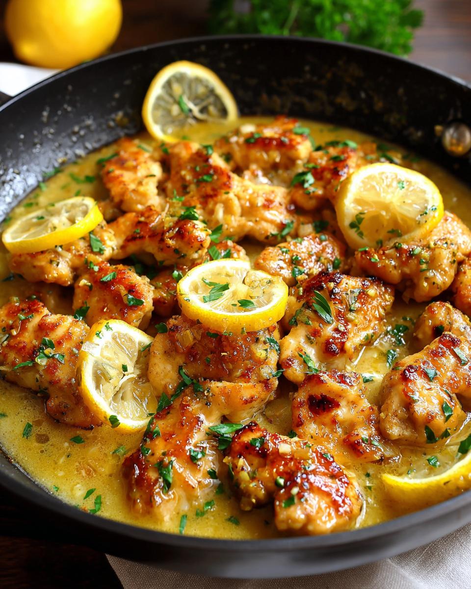 Close-up of tender Lemon Chicken with Lemon Butter Sauce, garnished with fresh lemon slices and parsley in a black skillet.