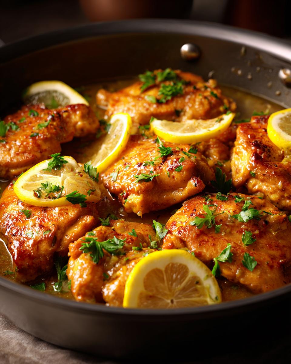 Close-up of juicy Lemon Chicken with Lemon Butter Sauce, garnished with lemon slices and parsley, in a skillet.