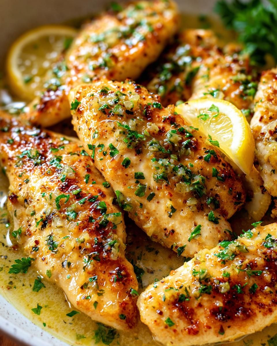 Close-up of pan-seared Lemon Chicken with Lemon Butter Sauce, garnished with fresh parsley and lemon slices.