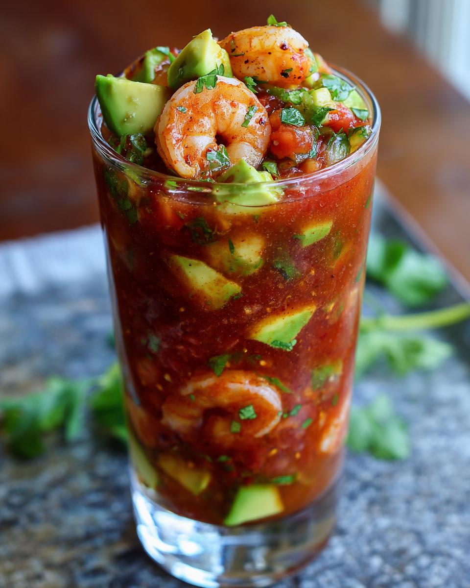 A tall glass filled with a vibrant Mexican Shrimp Cocktail, featuring plump shrimp, diced avocado, and a rich tomato-based sauce.