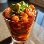 A glass filled with vibrant Mexican Shrimp Cocktail, topped with fresh avocado chunks and cilantro.