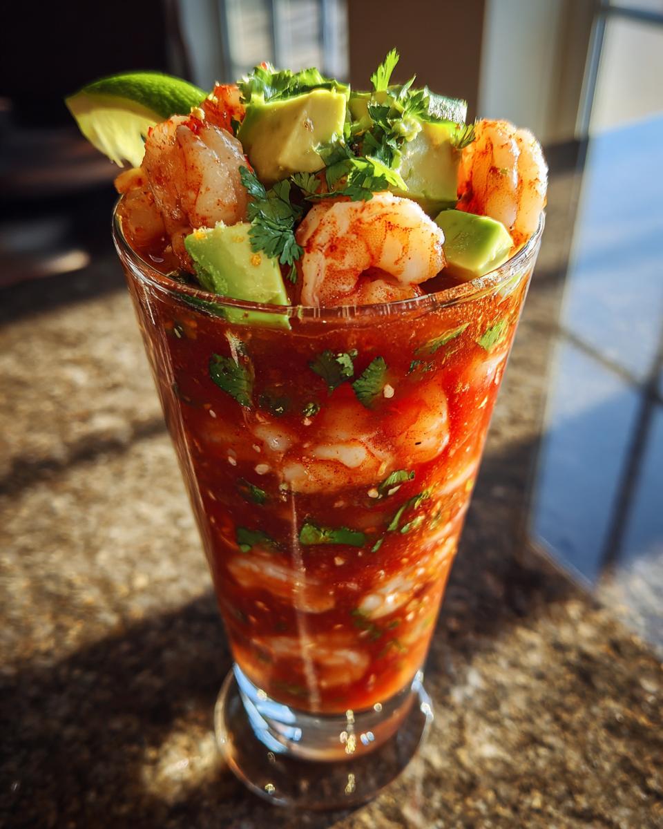 A tall glass filled with a vibrant Mexican Shrimp Cocktail, featuring plump shrimp, diced avocado, cilantro, and a lime wedge.