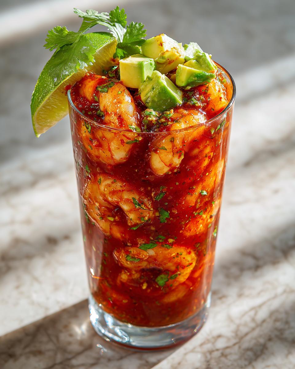 A tall glass filled with vibrant Mexican Shrimp Cocktail, featuring plump shrimp, avocado, cilantro, and a zesty tomato-based sauce.