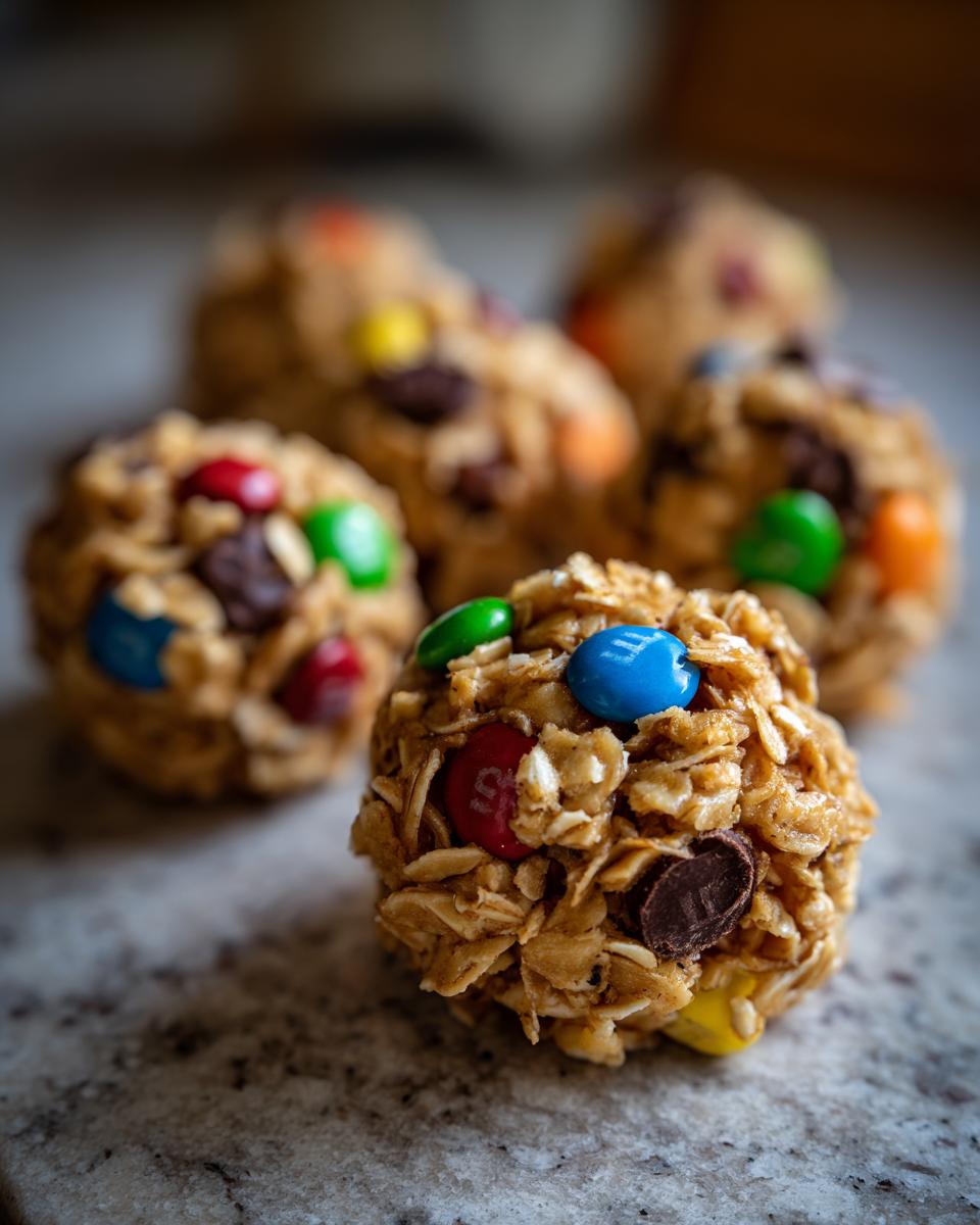 Close-up of several no-bake Monster Cookie Balls studded with M&Ms and chocolate chips.