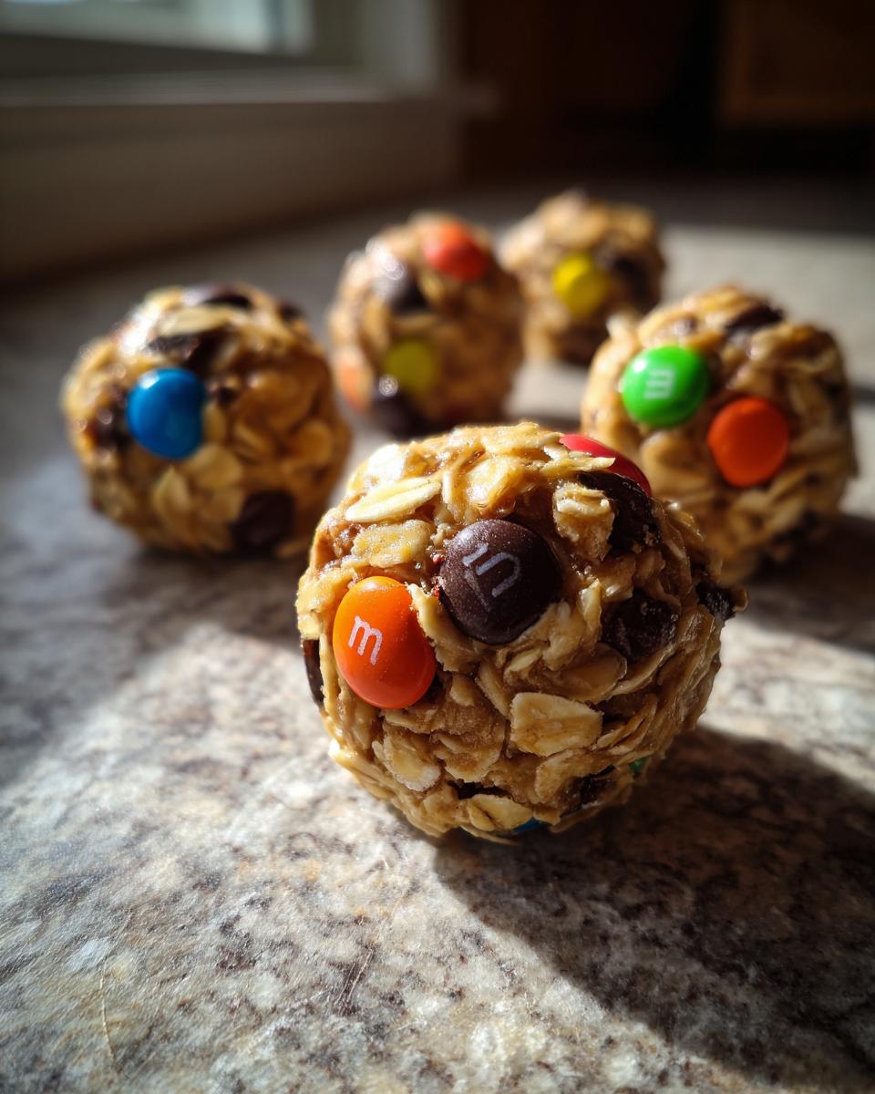 Close-up of several homemade Monster Cookie Balls, featuring oats, chocolate chips, and colorful M&Ms.