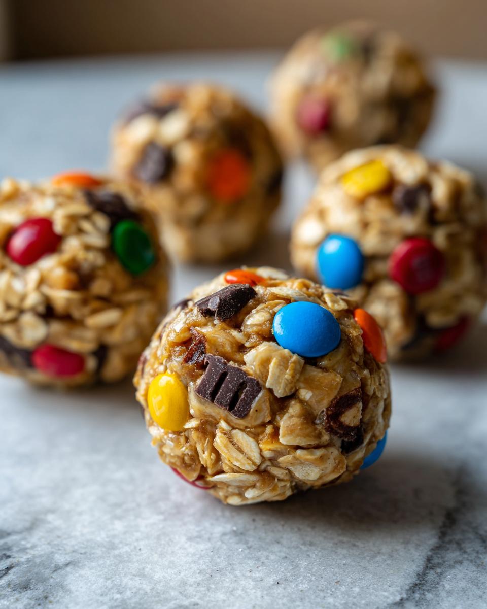 Close-up of delicious Monster Cookie Balls made with oats, chocolate chips, and colorful M&Ms.