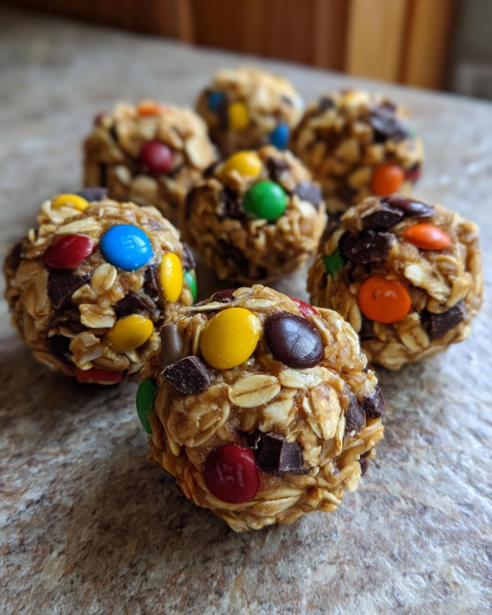 A cluster of delicious Monster Cookie Balls made with oats, peanut butter, chocolate chips, and colorful M&Ms.