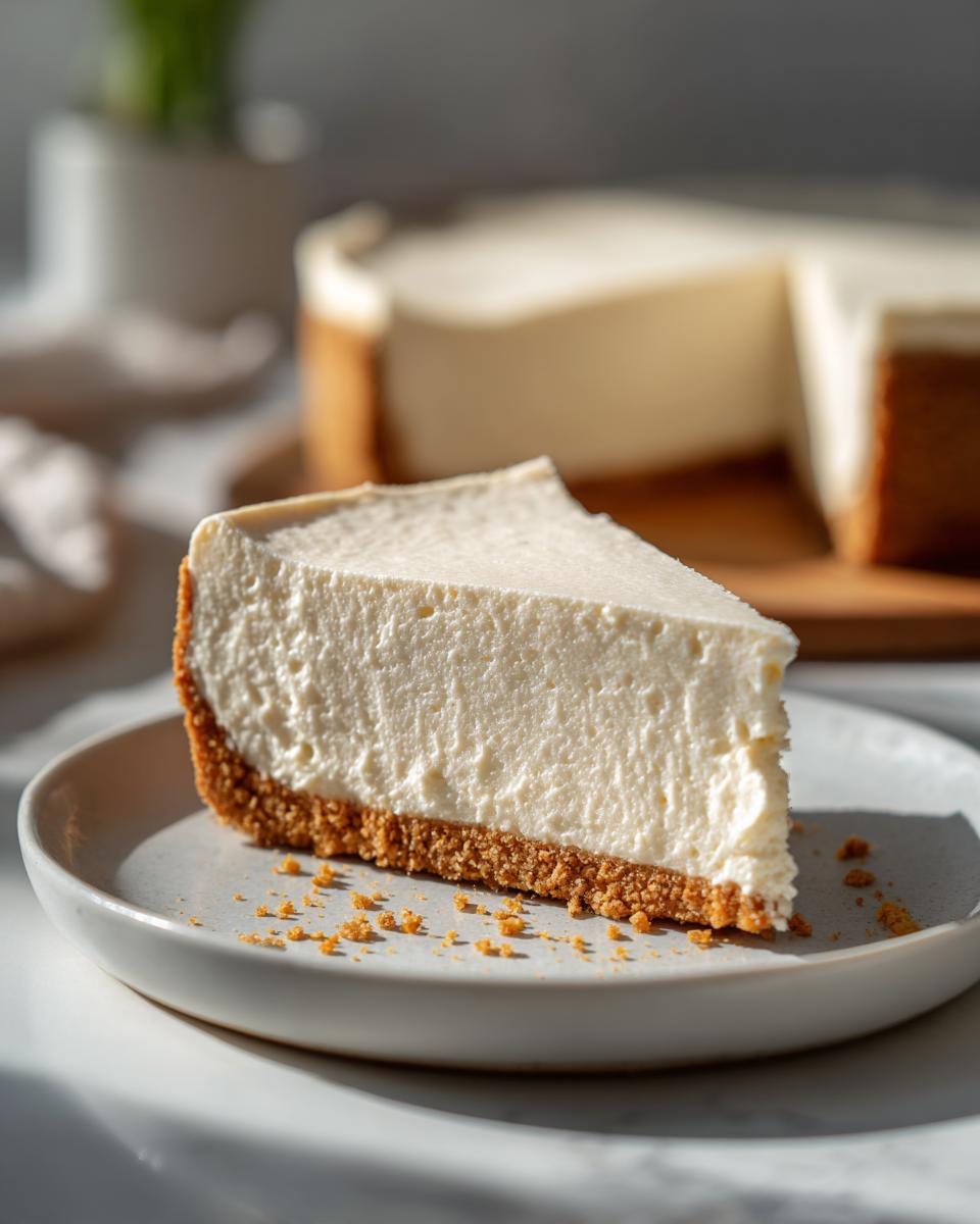 A slice of creamy no bake cheesecake with a graham cracker crust on a white plate.