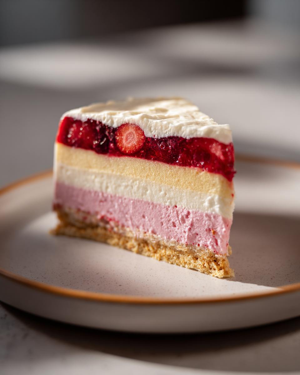 A slice of no-bake pavés layered with berry mousse, sponge cake, and fruit jelly, topped with whipped cream.