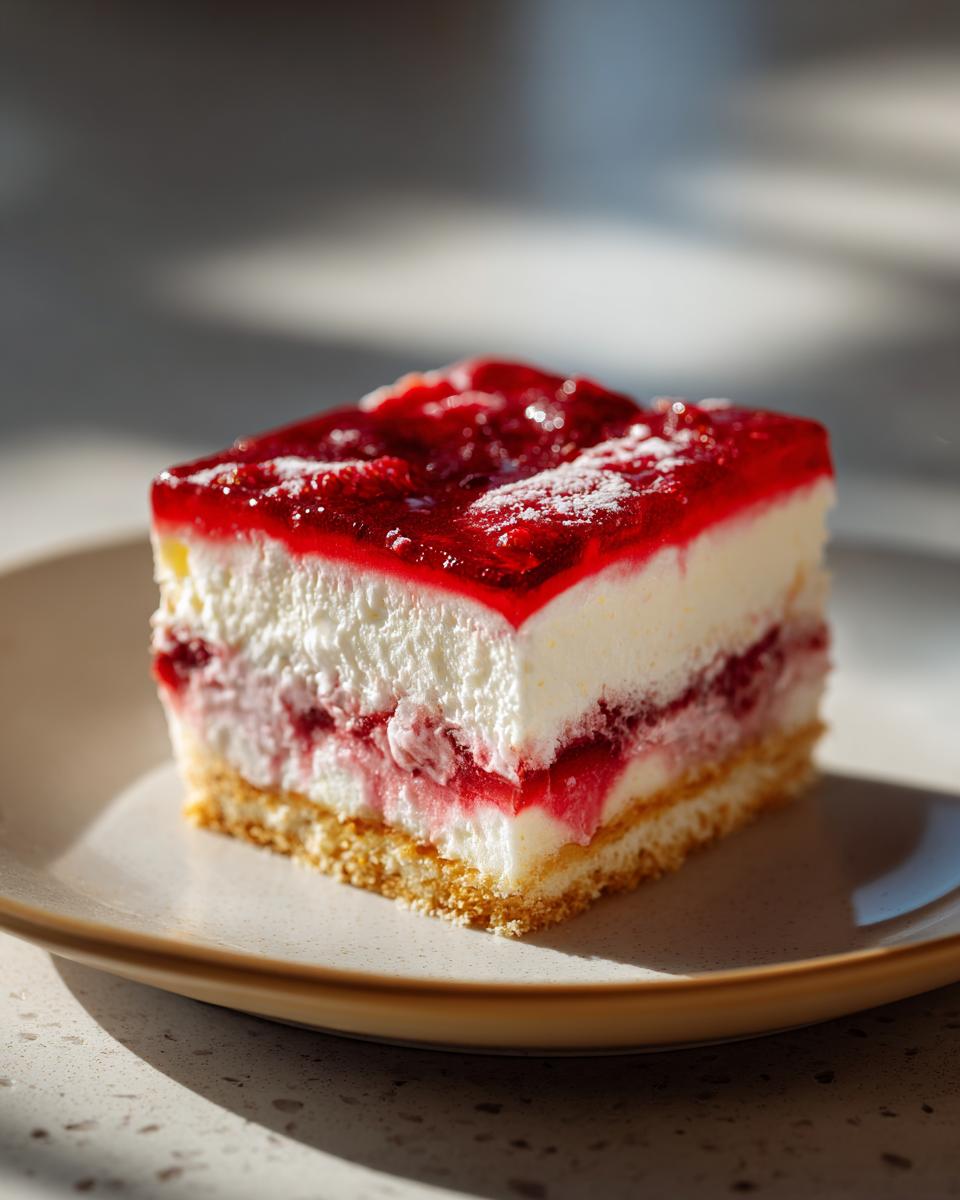A slice of no-bake pavés dessert featuring layers of cake, cream, and raspberry filling, topped with a vibrant raspberry glaze.