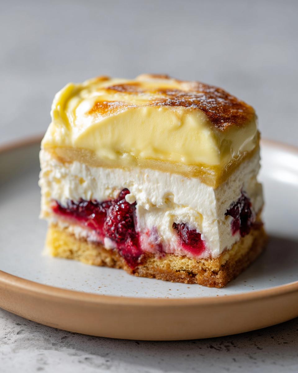 A slice of no-bake pavés dessert featuring layers of cake, cream, and raspberries, topped with a creamy custard.