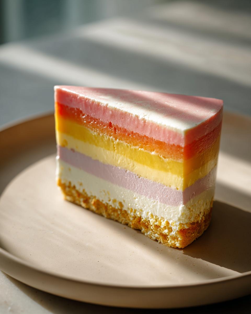 A slice of colorful no-bake pavés dessert with multiple layers of fruit flavors and a crumbly base.