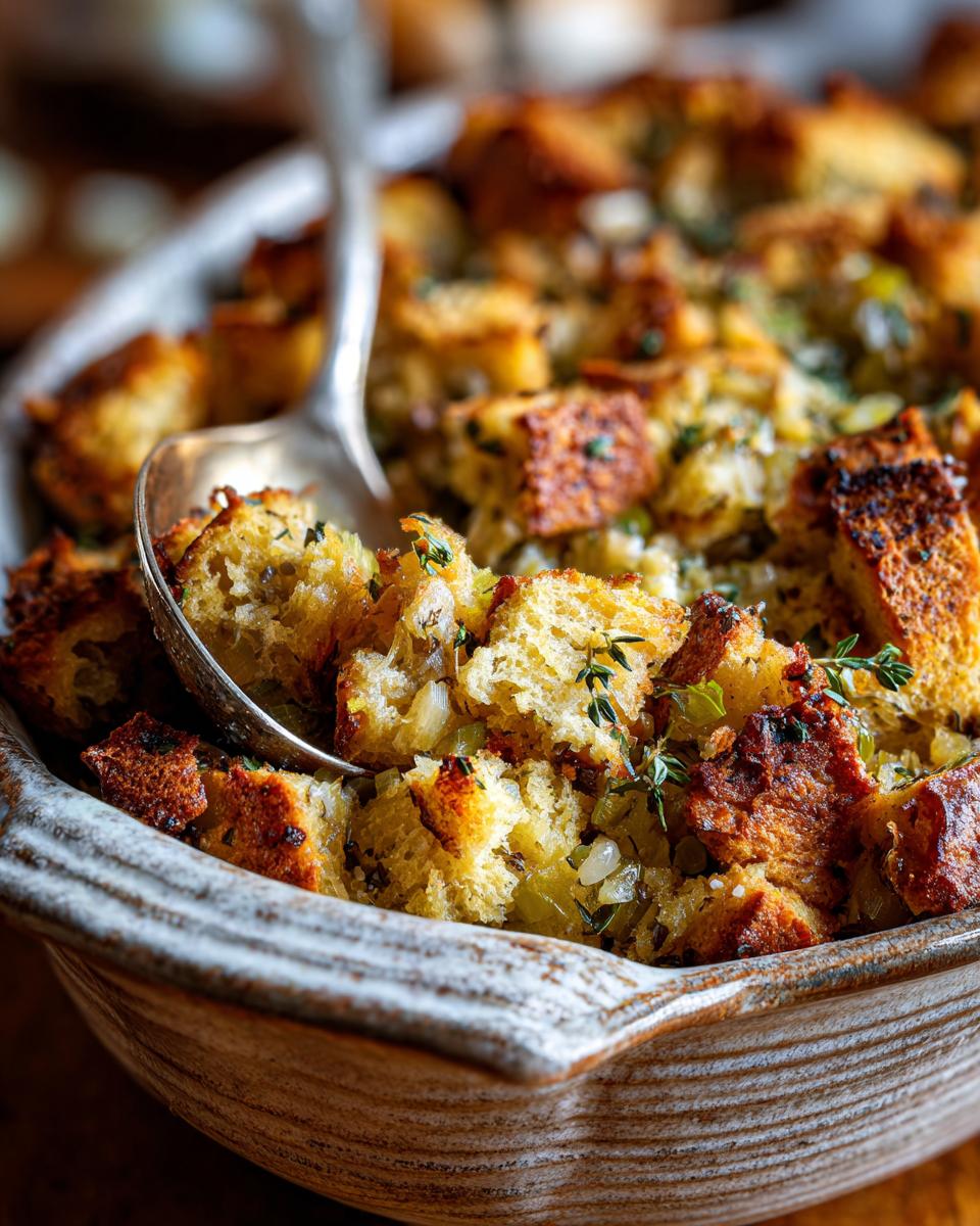 Close-up of Perfect Homemade Stuffing in a rustic baking dish, with a spoon ready to serve.