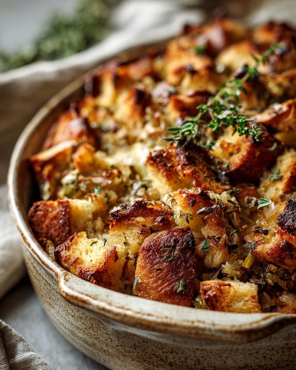Close-up of a rustic baking dish filled with golden-brown Perfect Homemade Stuffing, garnished with fresh thyme.