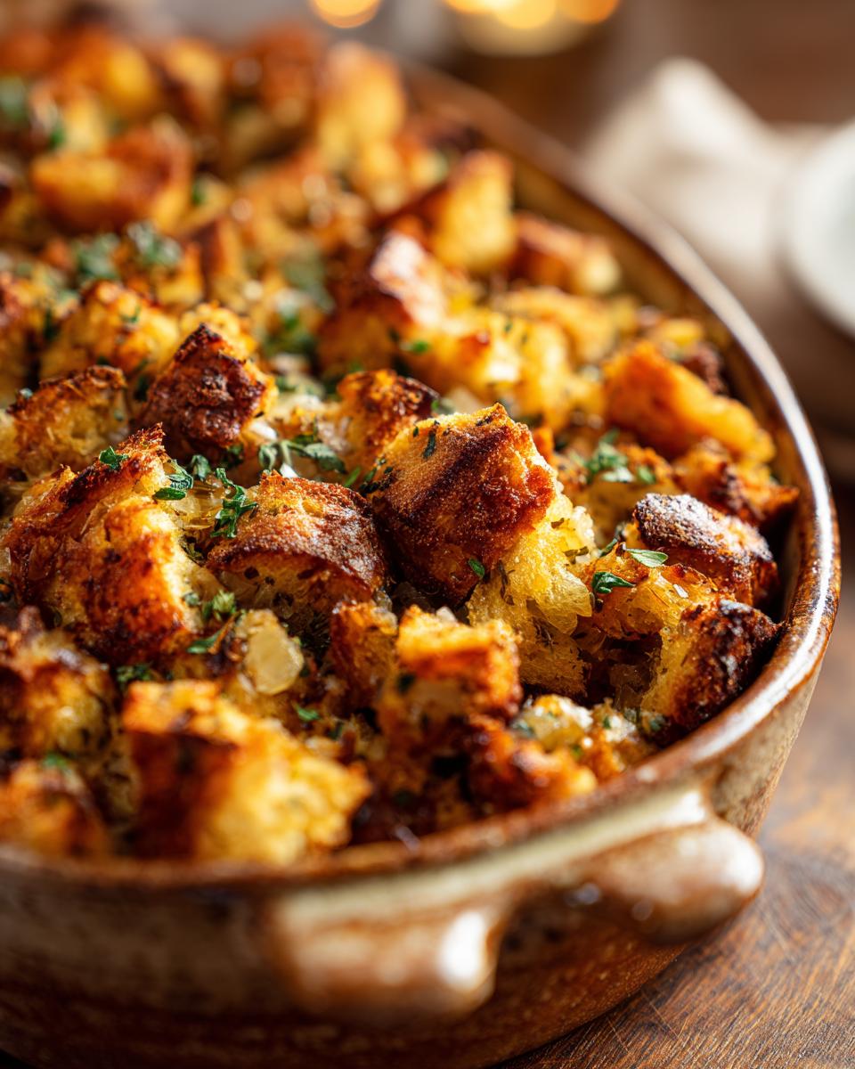 Close-up of Perfect Homemade Stuffing in a rustic baking dish, golden brown and garnished with herbs.