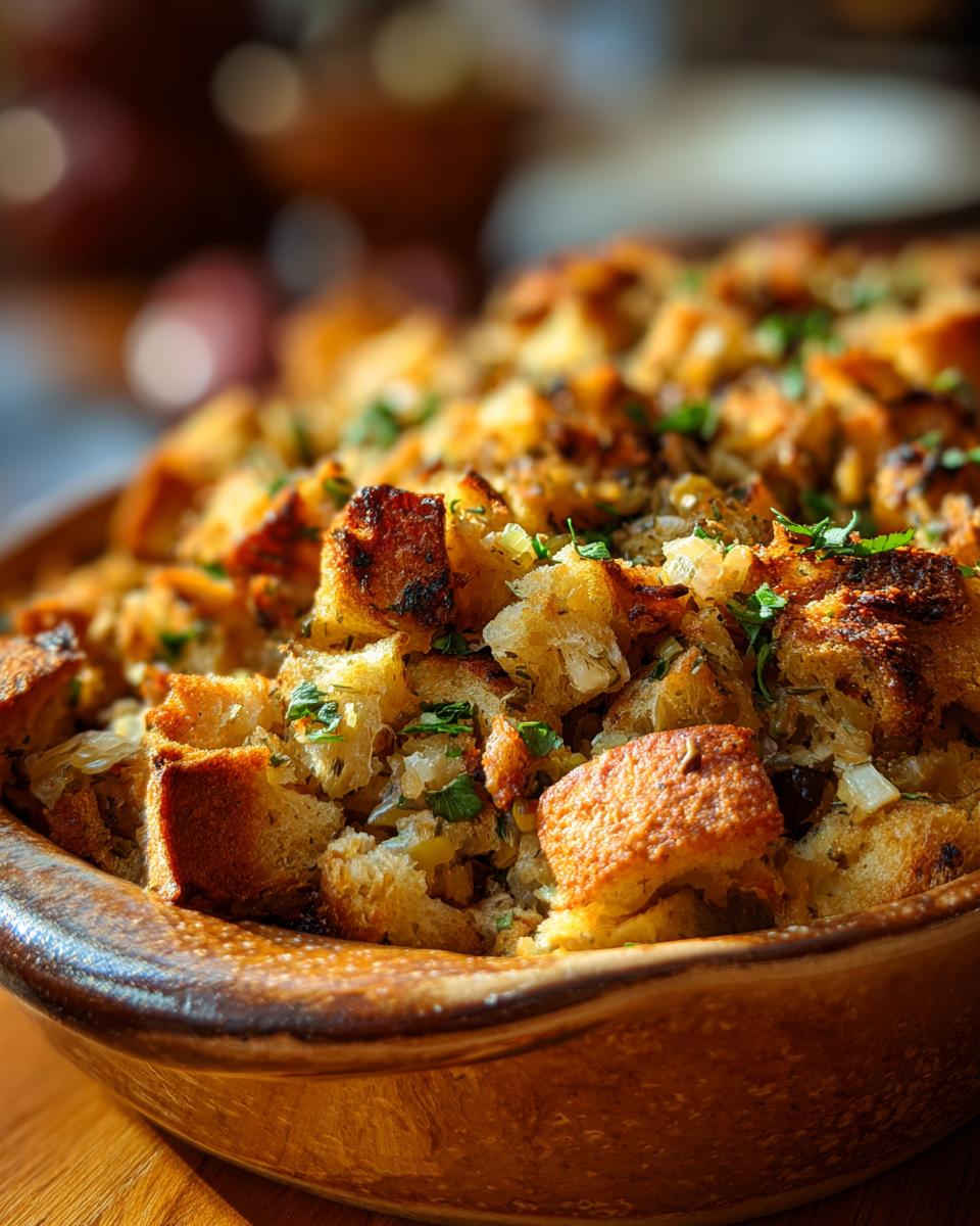 Close-up of a baking dish filled with Perfect Homemade Stuffing, golden brown and garnished with parsley.