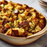 Close-up of a baking dish filled with golden-brown Perfect Homemade Stuffing, featuring chunks of bread, celery, and herbs.