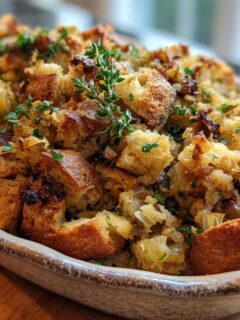 Close-up of a baking dish filled with Perfect Homemade Stuffing, featuring golden-brown bread cubes, herbs, and vegetables.